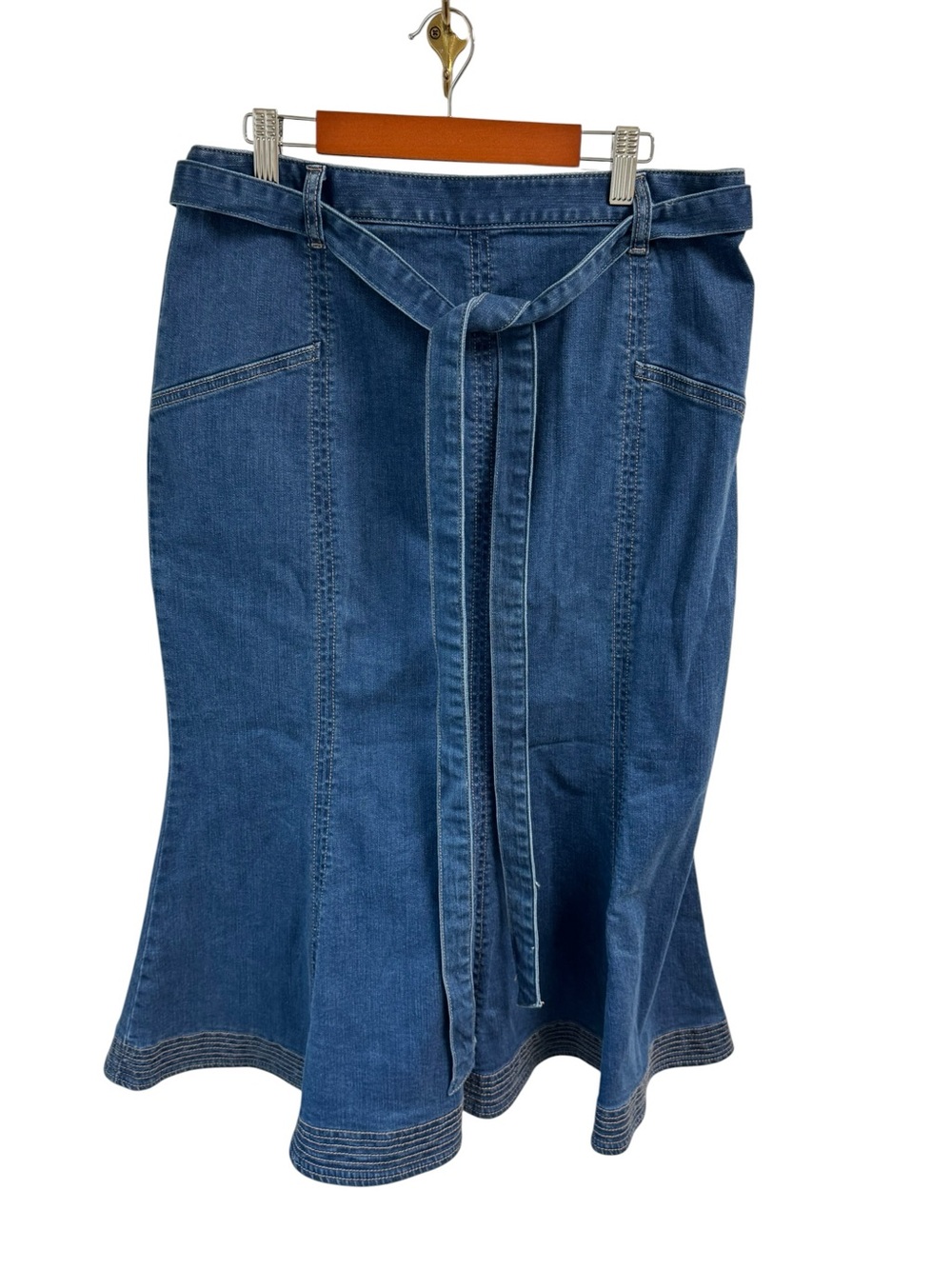 Eva Mendes NY & Co Denim Midi Skirt with Tie Belt - Blue Mermaid Western Boho L